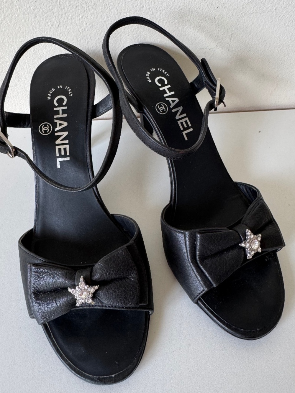 Chanel Black Bow Star Crystal Ankle Strap Heels Size 37 Worn 1X